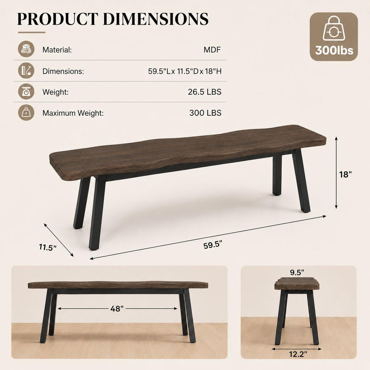 LAZZO Farmhouse Dining Benches, Set of Two