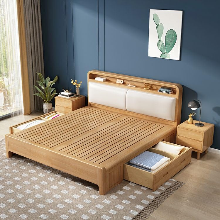 LAKIQ Storage Platform Bed with Upholstered Headboard