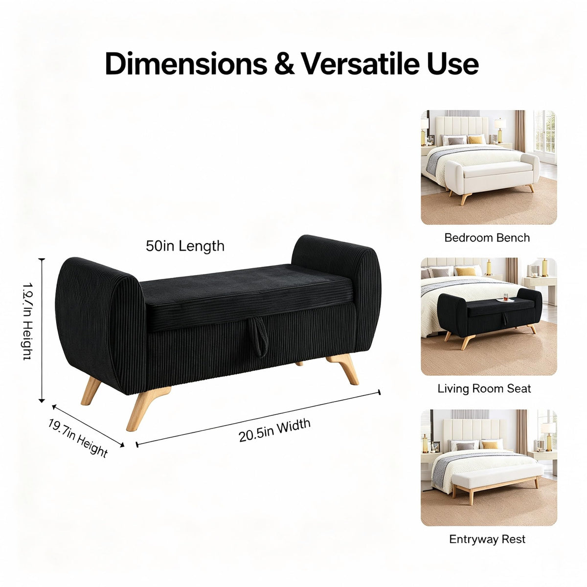 Black Corduroy Storage Bedroom Bench
