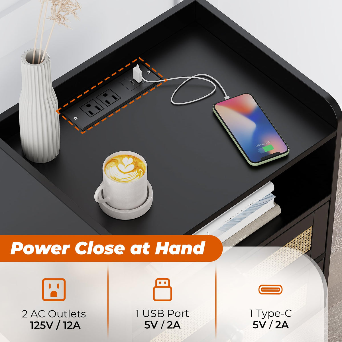SUPERJARE Rattan-Style Charging Nightstand