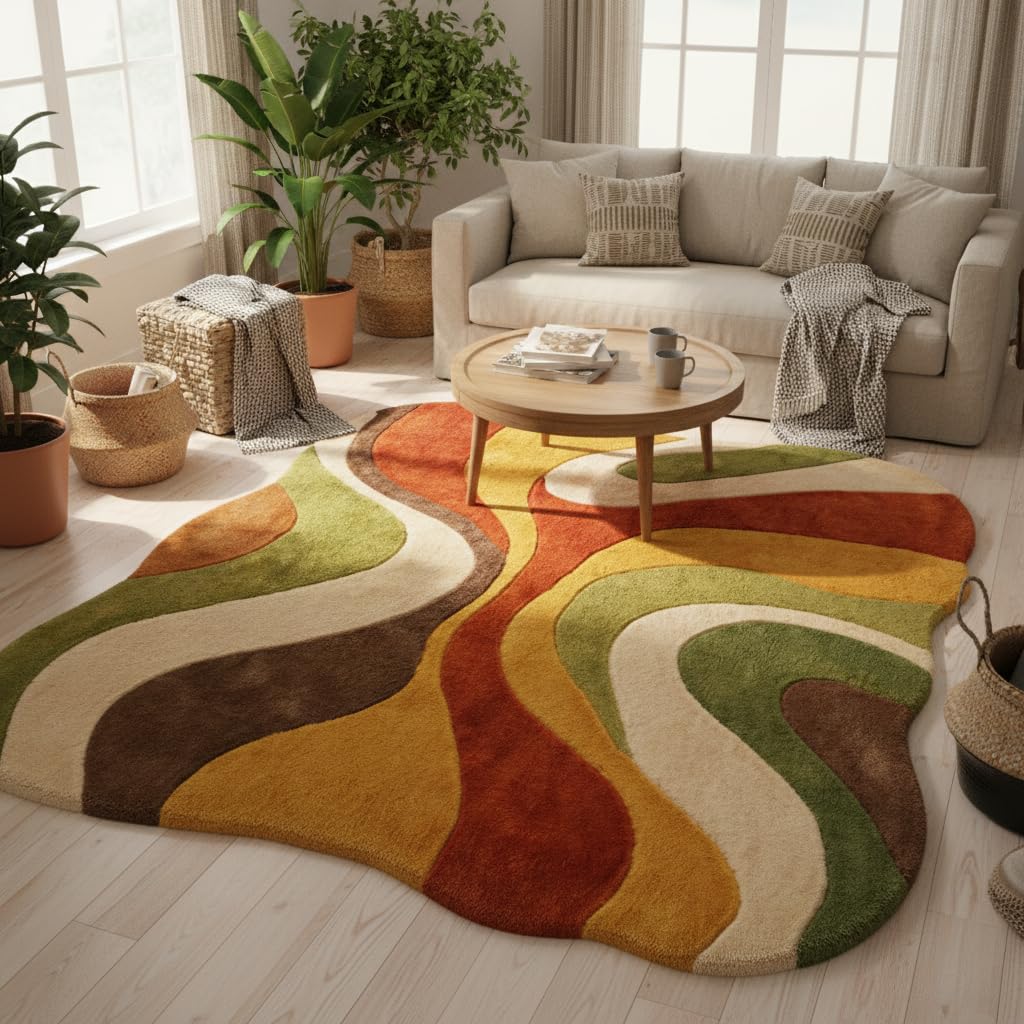Retro 1970s Wave Wool Area Rug