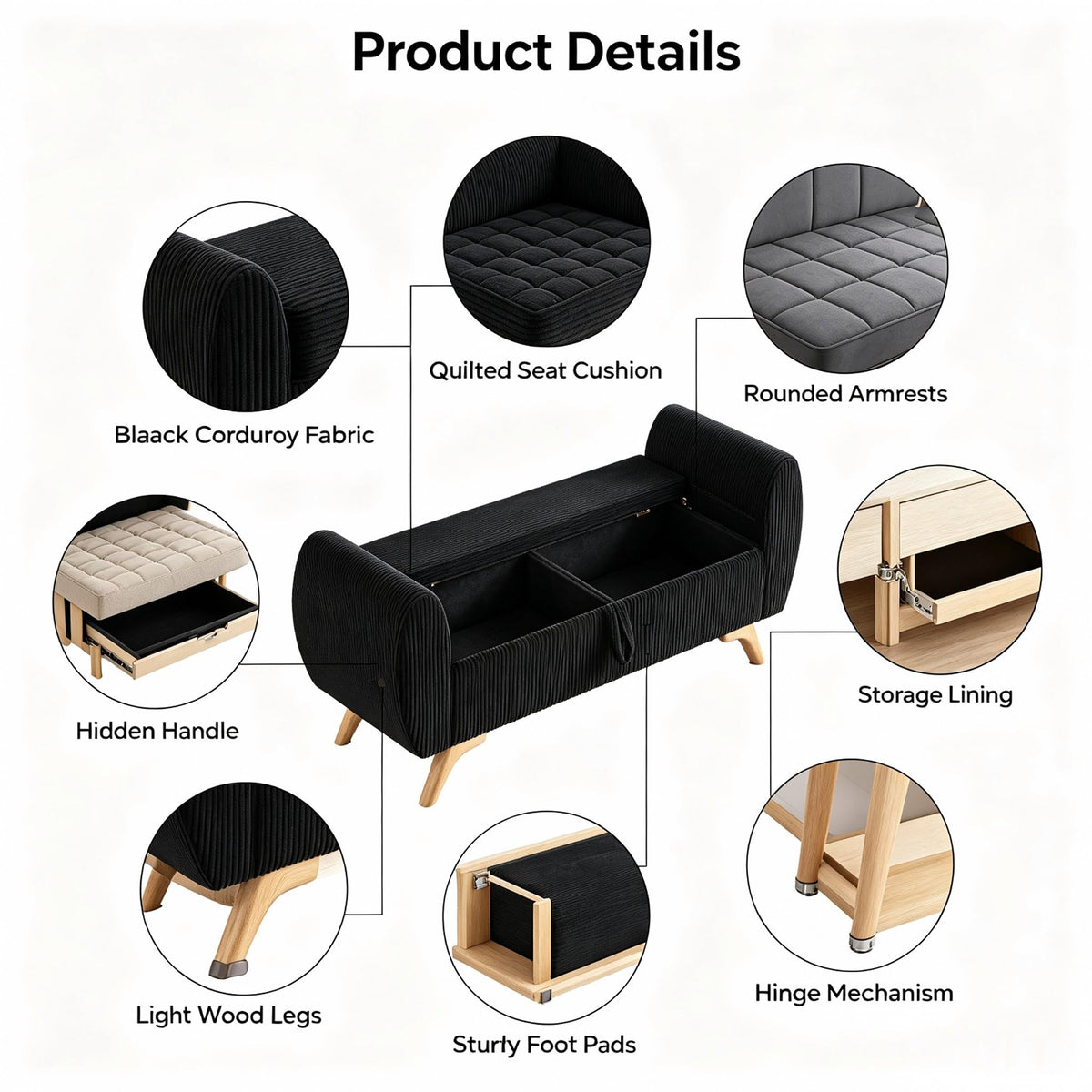 Black Corduroy Storage Bedroom Bench