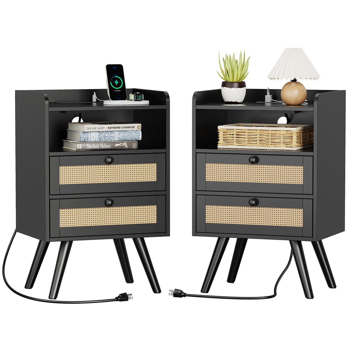 SUPERJARE Rattan-Style Charging Nightstand