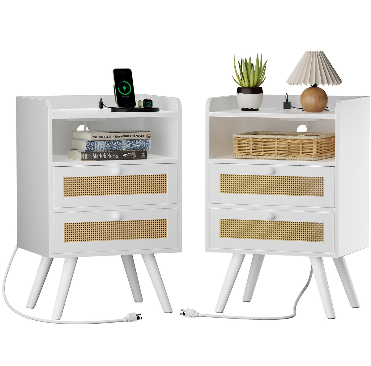 SUPERJARE Rattan-Style Charging Nightstand