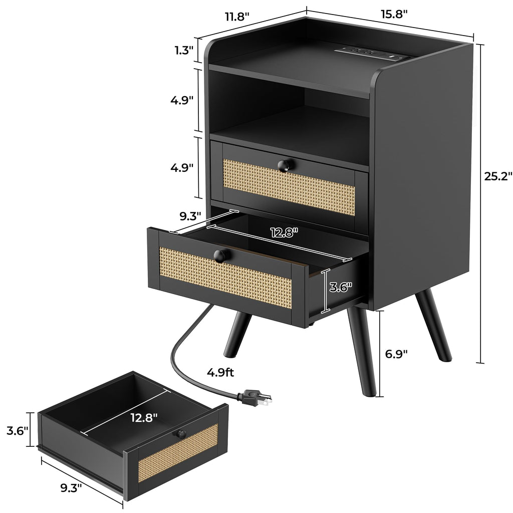 SUPERJARE Rattan-Style Charging Nightstand