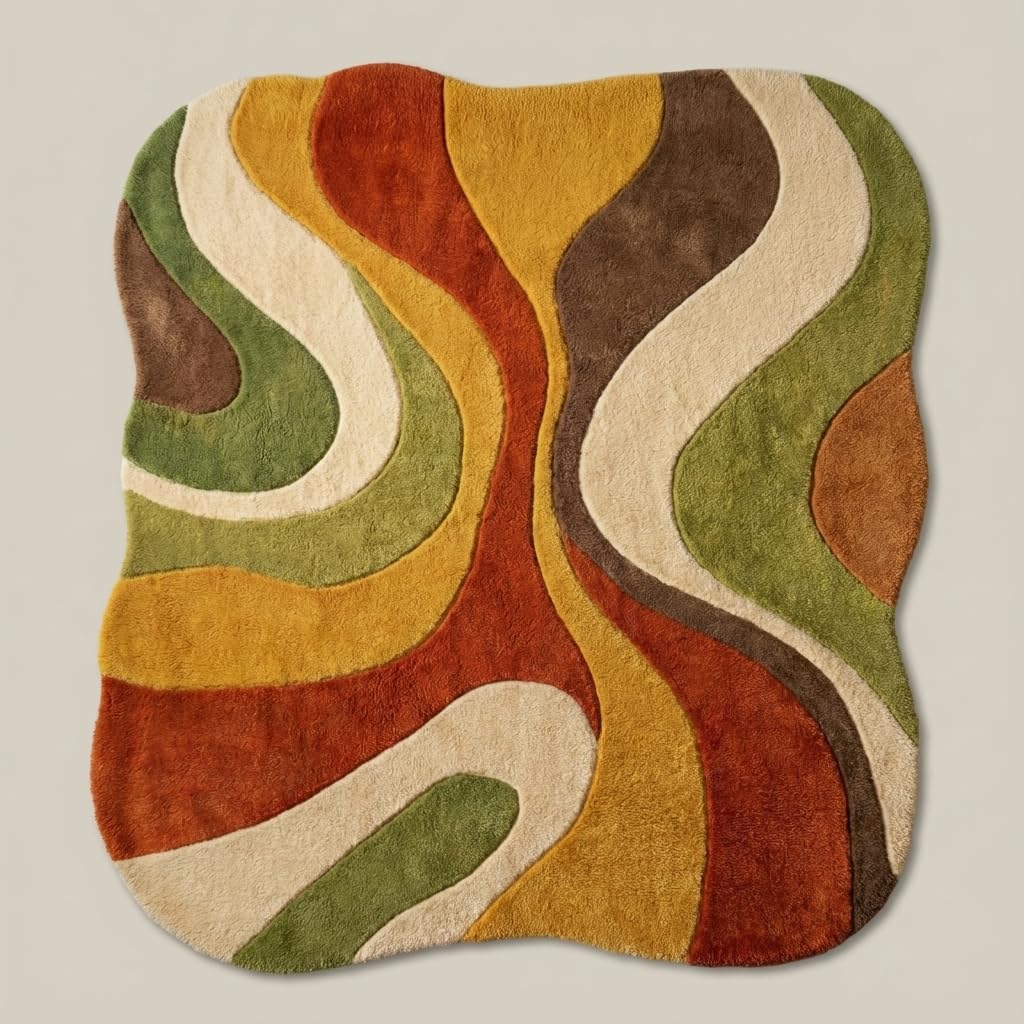 Retro 1970s Wave Wool Area Rug