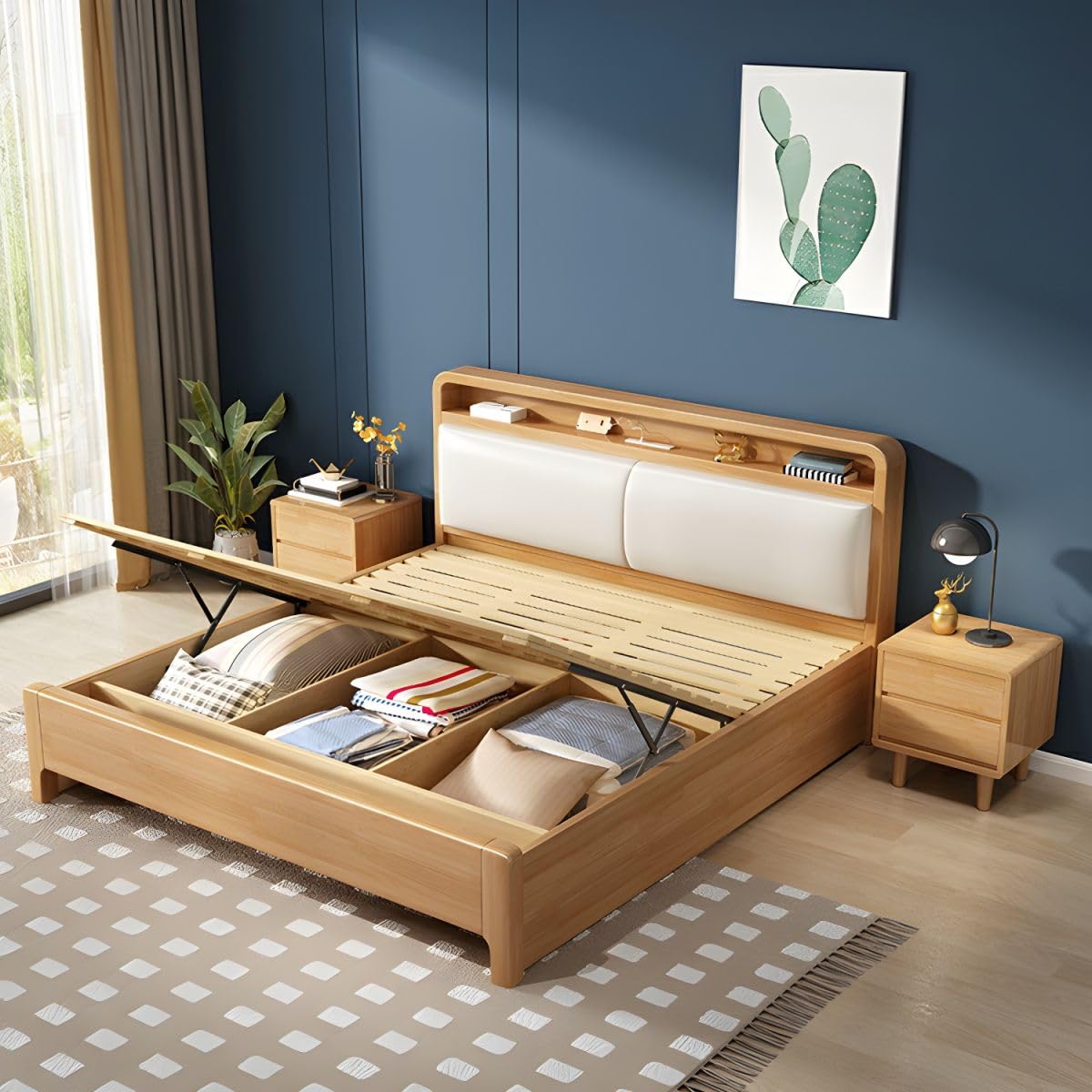 LAKIQ Storage Platform Bed with Upholstered Headboard