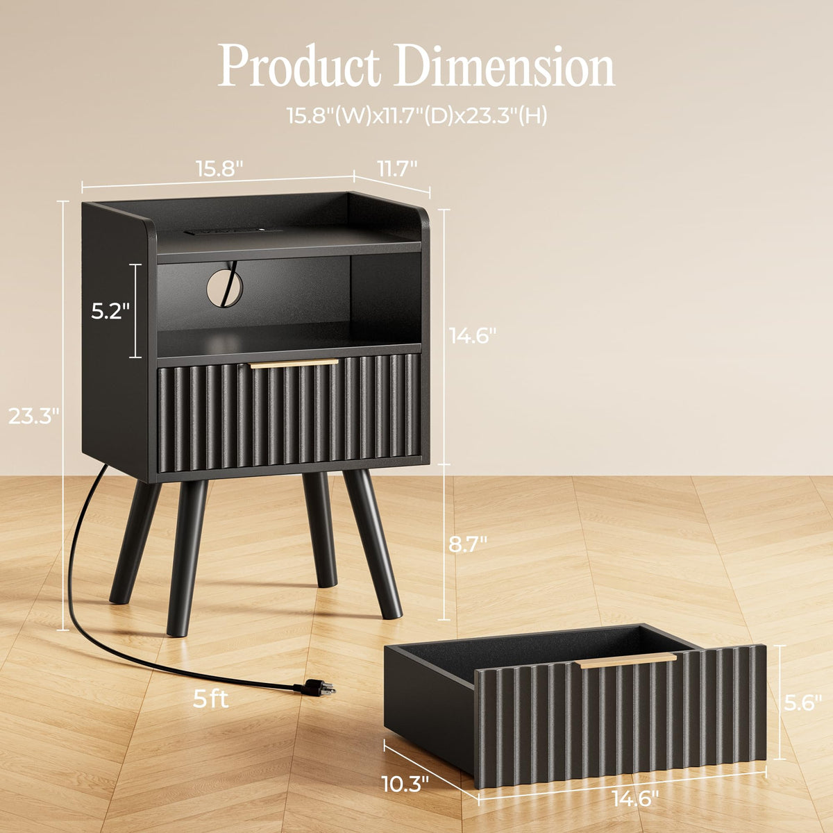 Huuger Fluted Nightstand with Charging Station