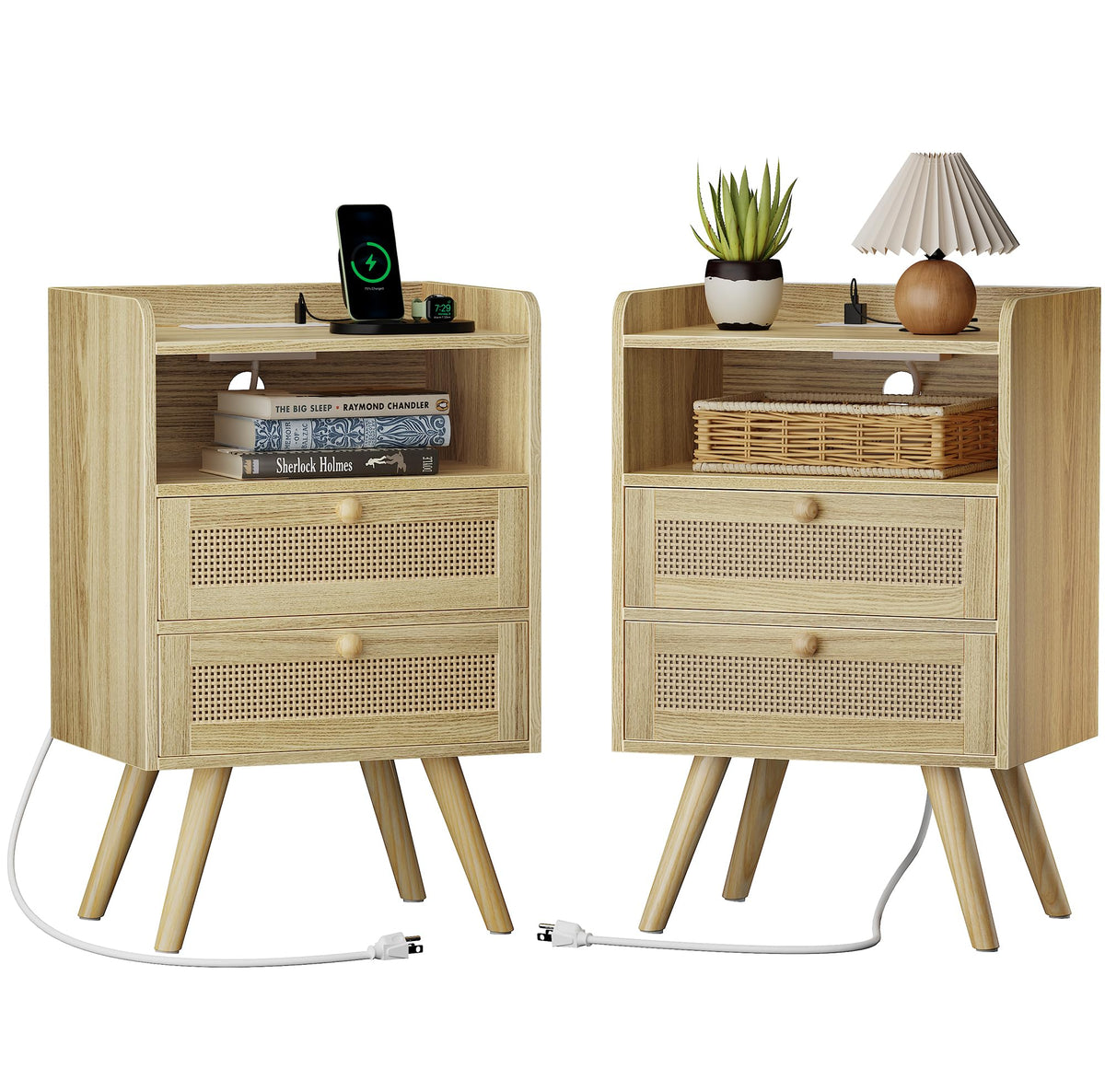 SUPERJARE Rattan-Style Charging Nightstand