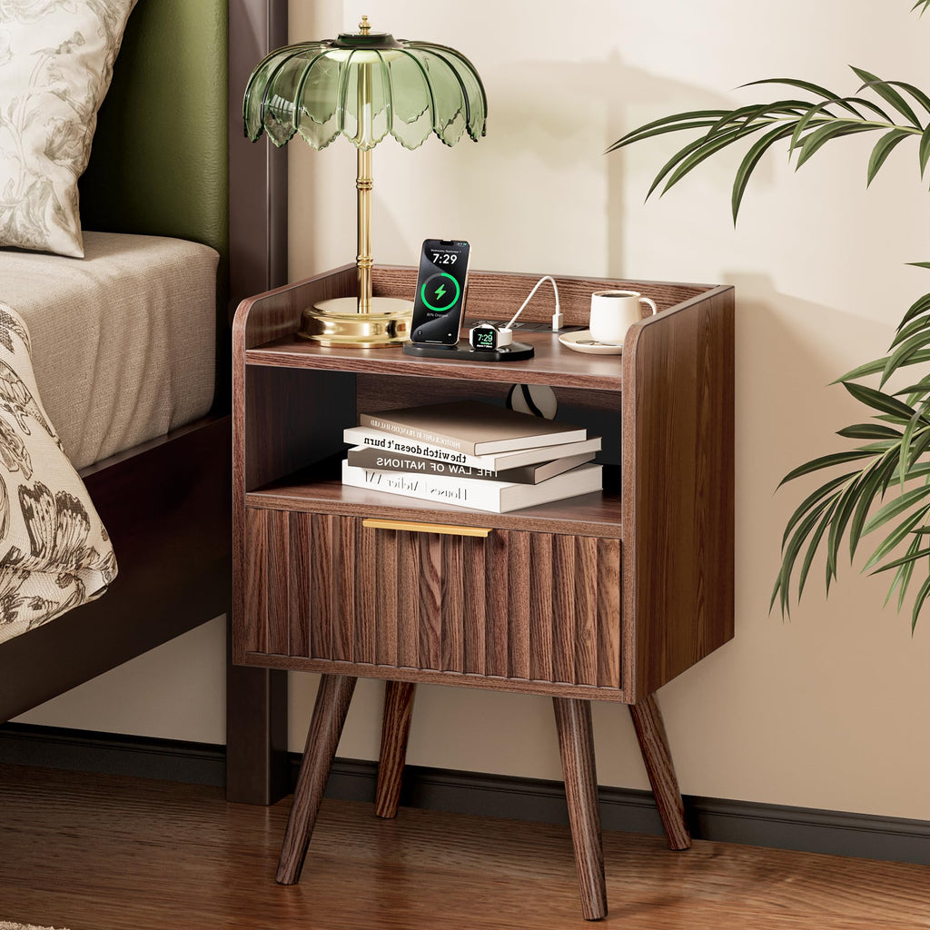 Huuger Fluted Nightstand with Charging Station