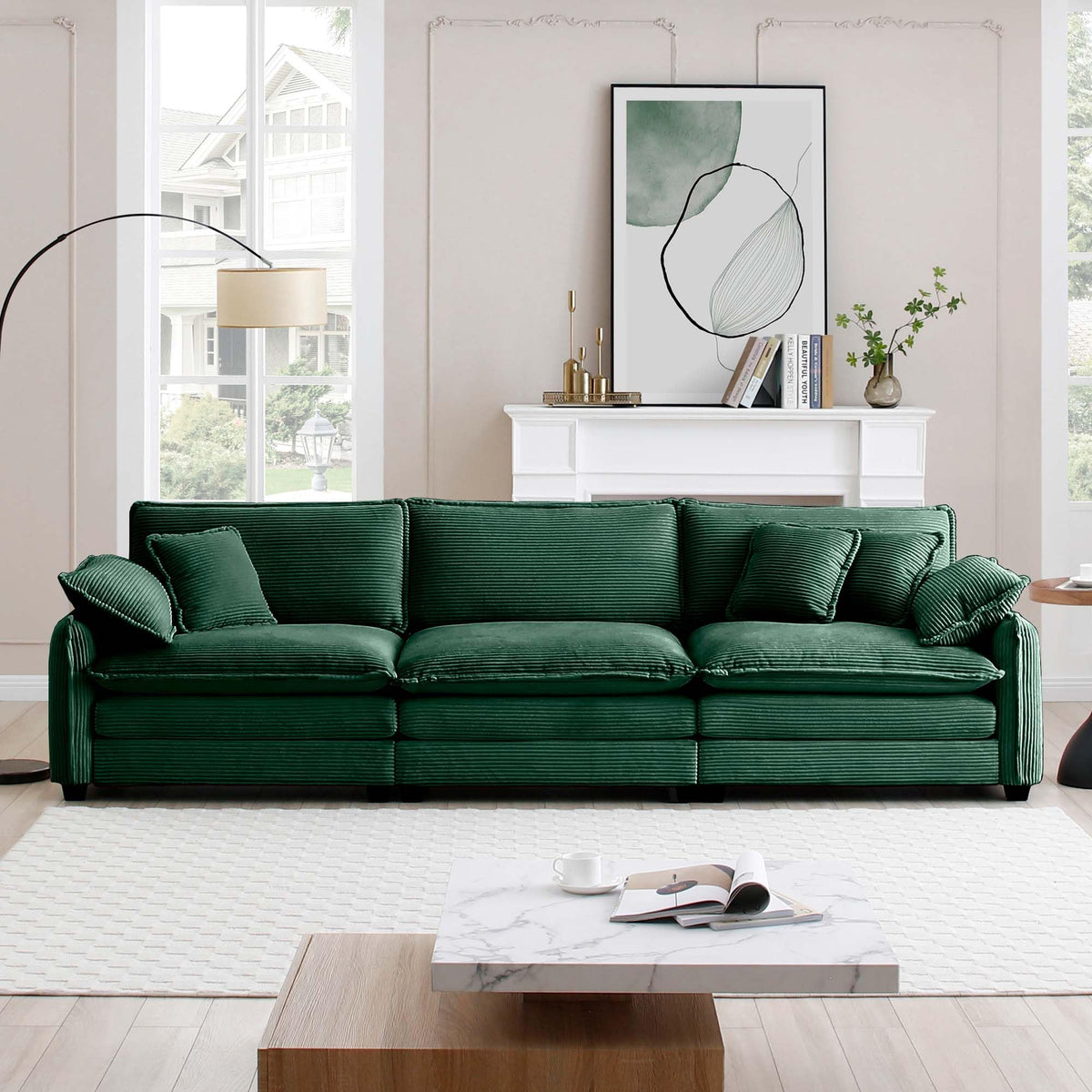 Green Corduroy 3-Seater Sectional Sofa