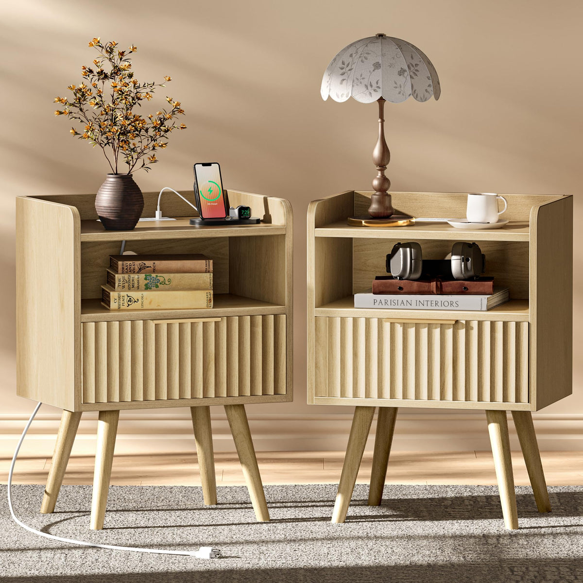 Huuger Fluted Nightstand with Charging Station