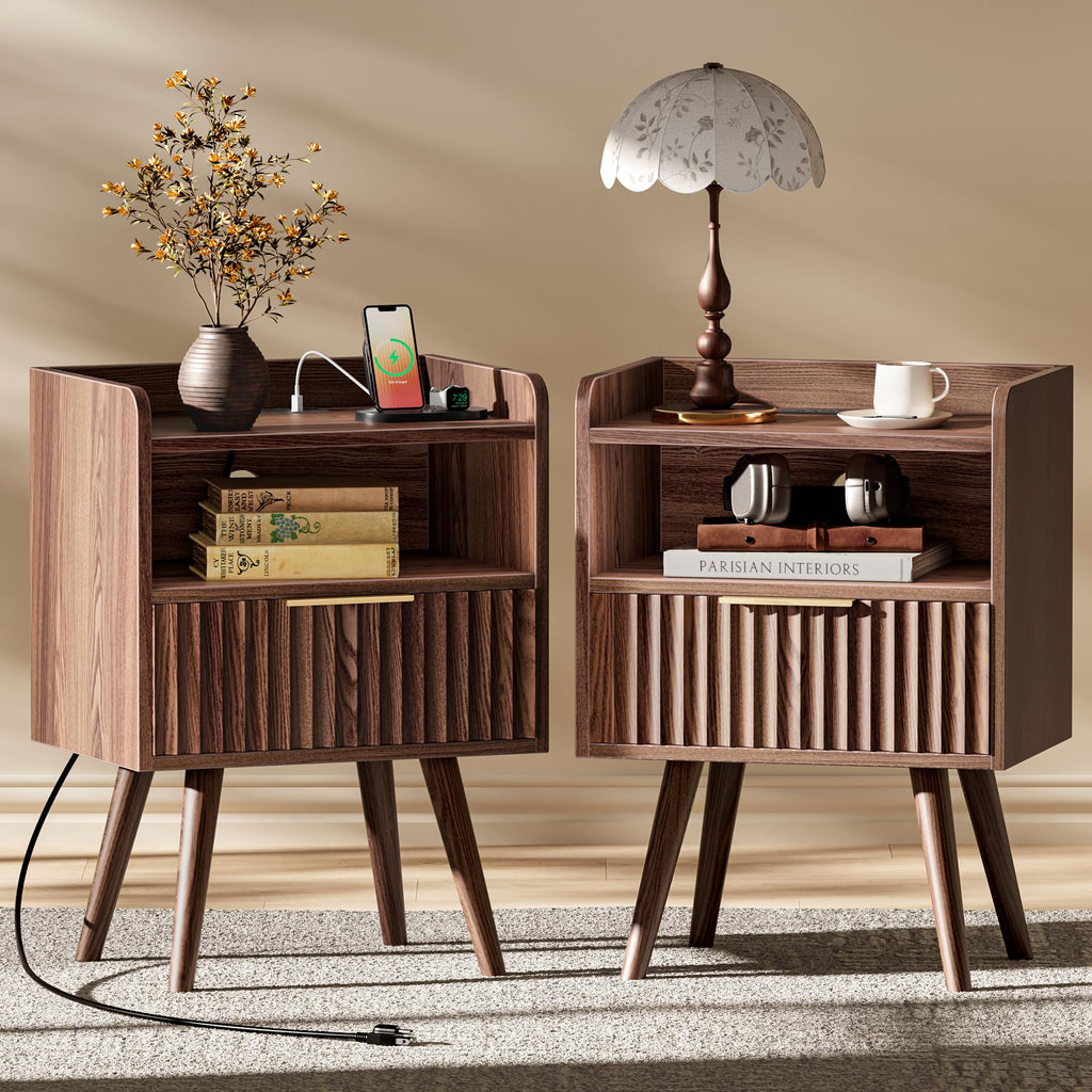Huuger Fluted Nightstand with Charging Station