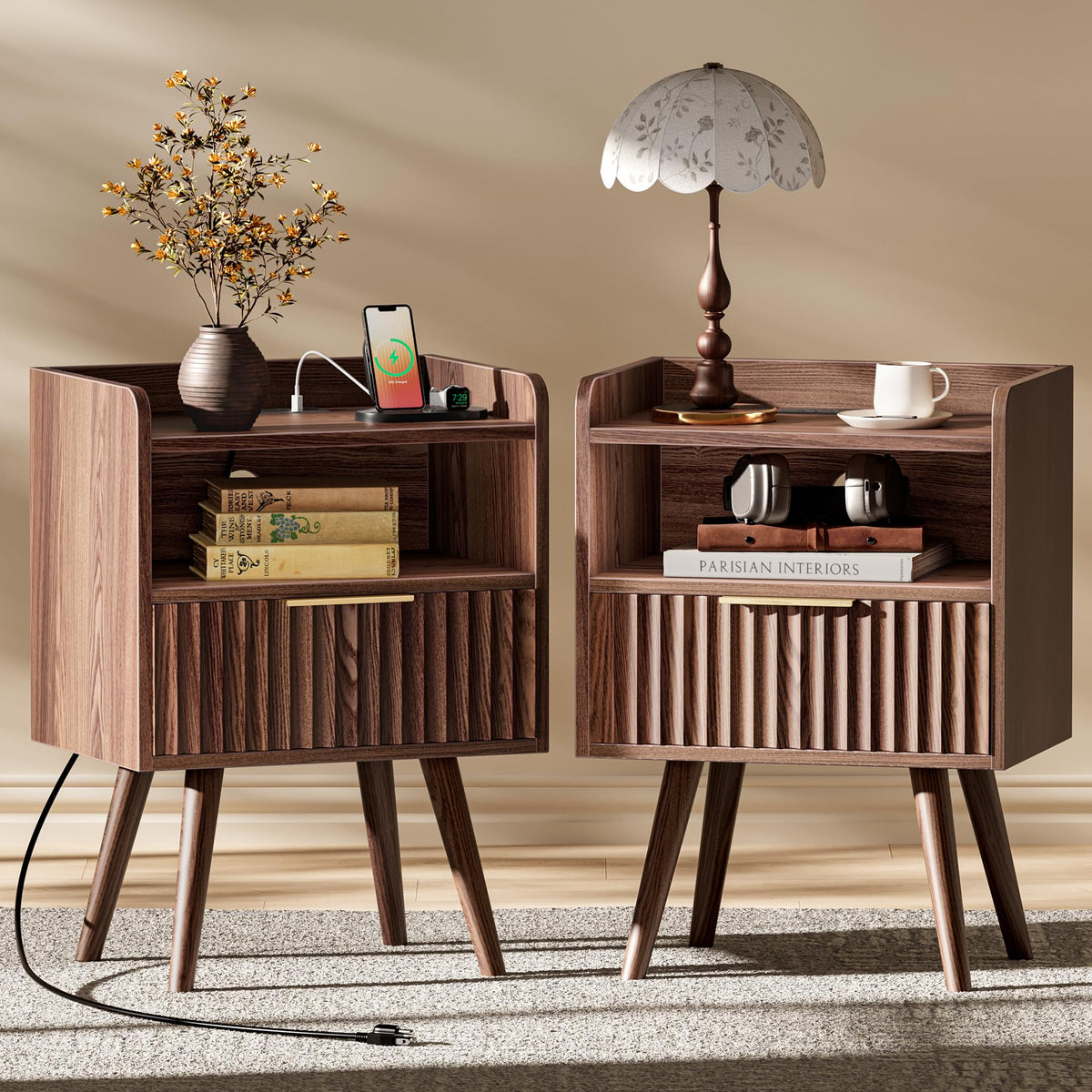 Huuger Fluted Nightstand with Charging Station