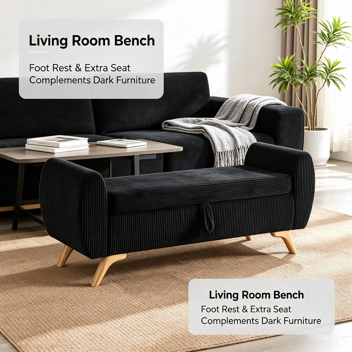 Black Corduroy Storage Bedroom Bench
