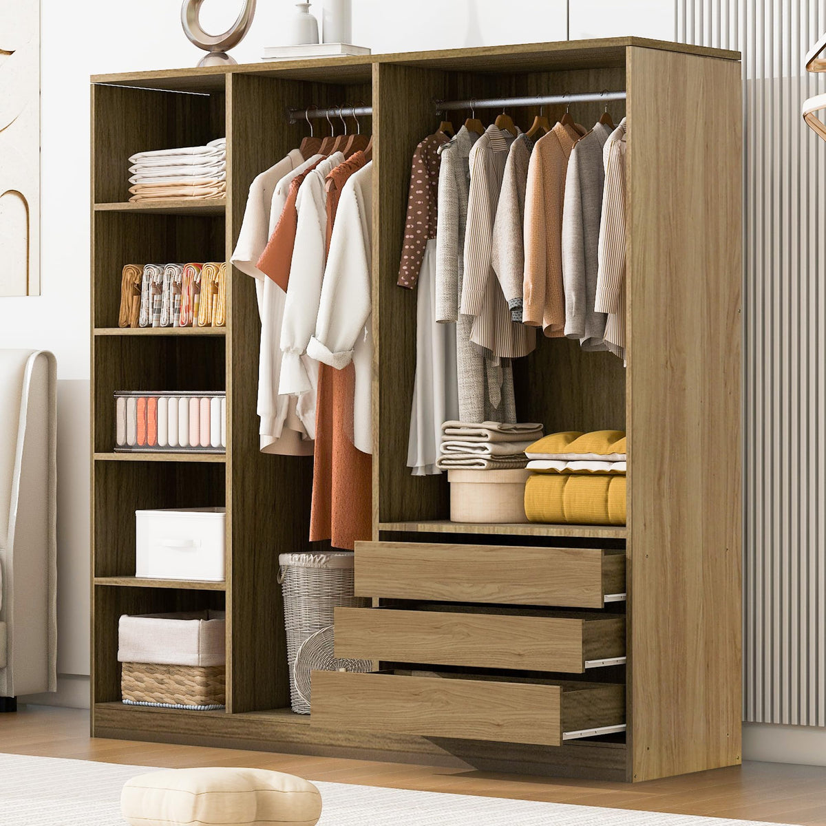 Wooden Open Wardrobe with Three Drawers