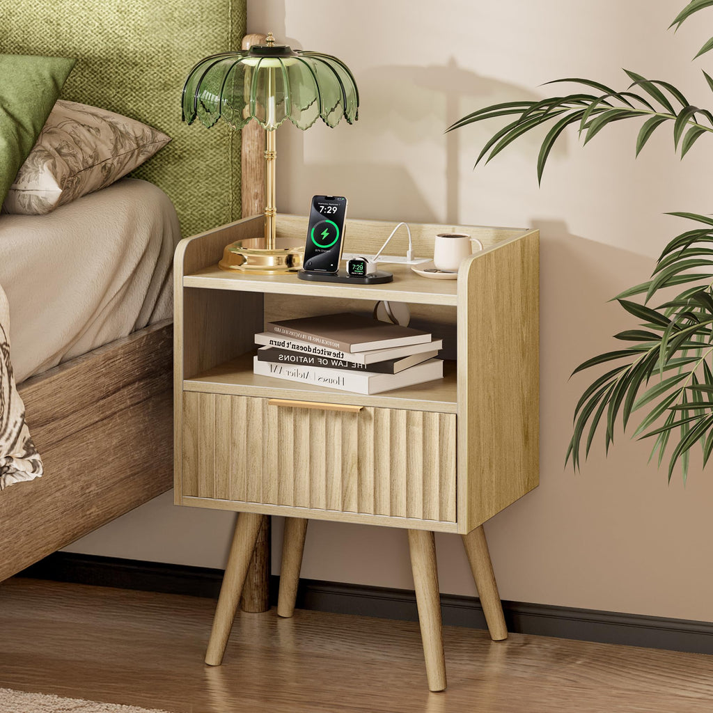 Huuger Fluted Nightstand with Charging Station