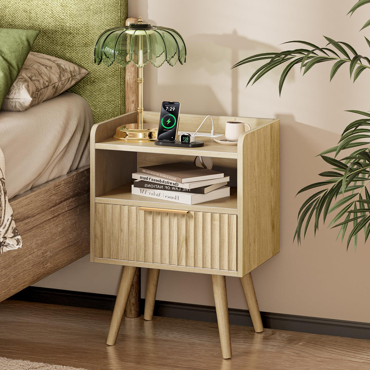 Huuger Fluted Nightstand with Charging Station