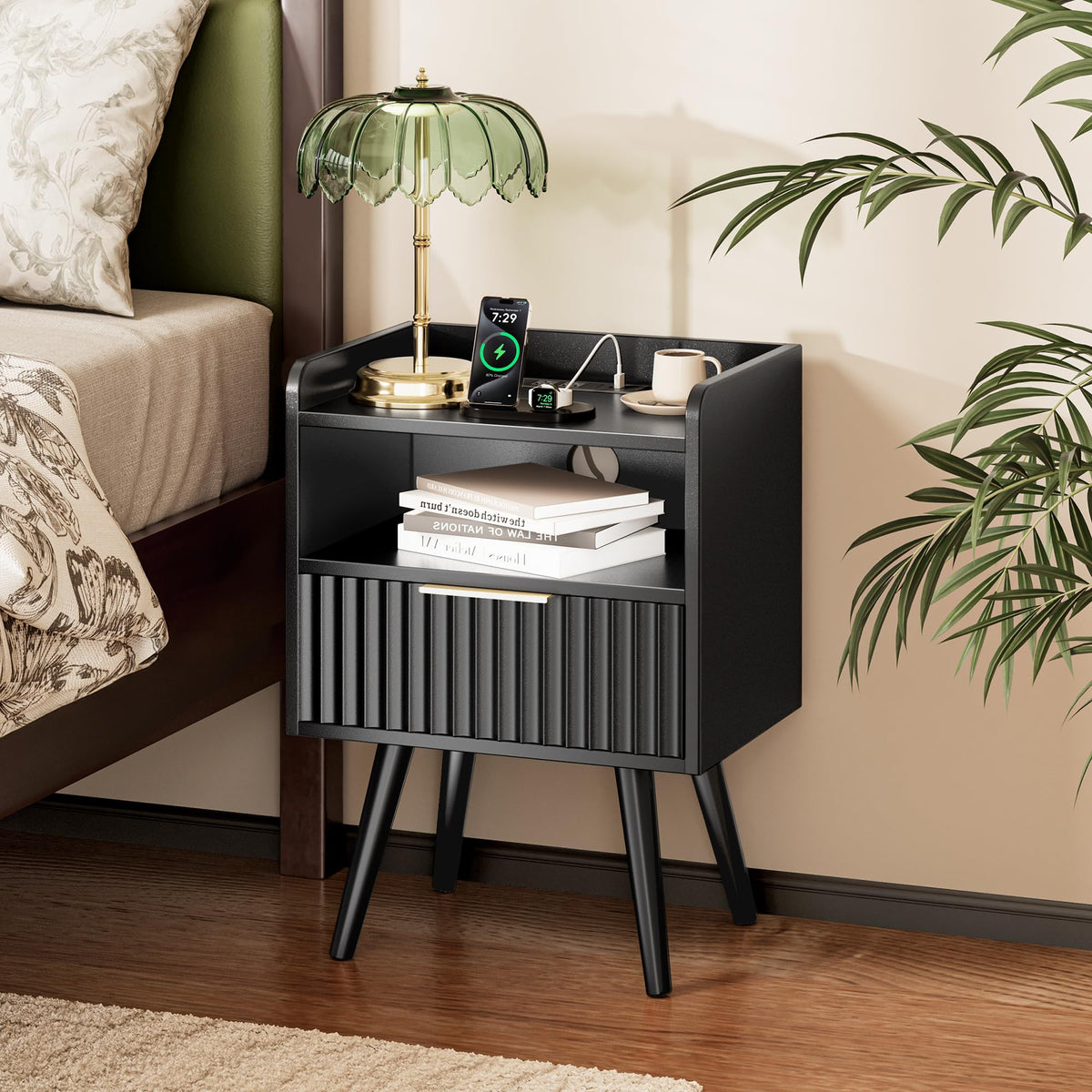 Huuger Fluted Nightstand with Charging Station