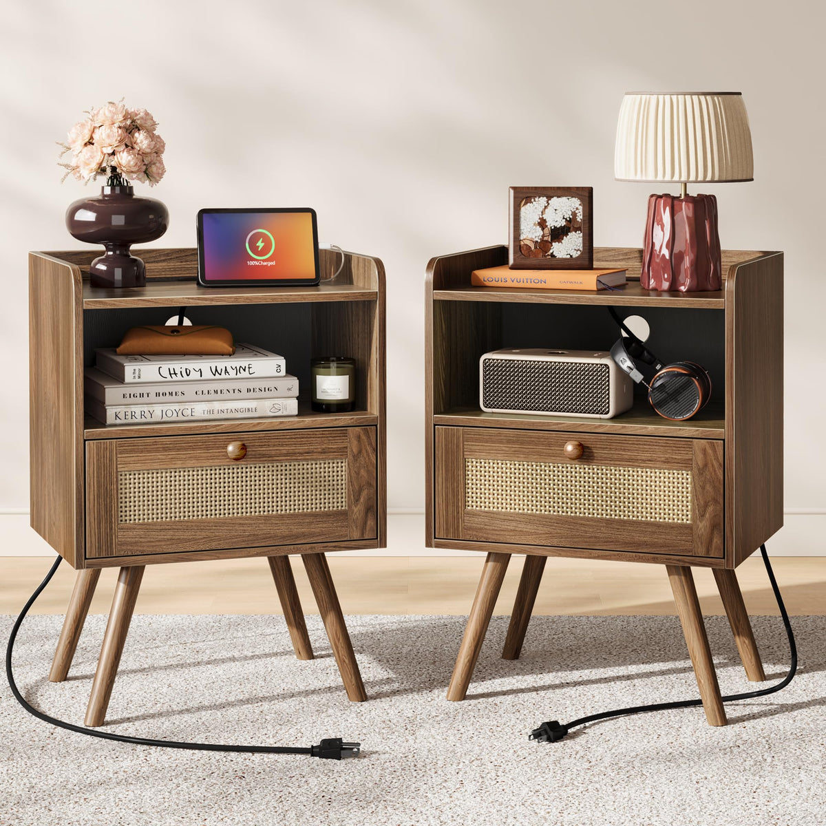 SUPERJARE Rattan-Style Charging Nightstand