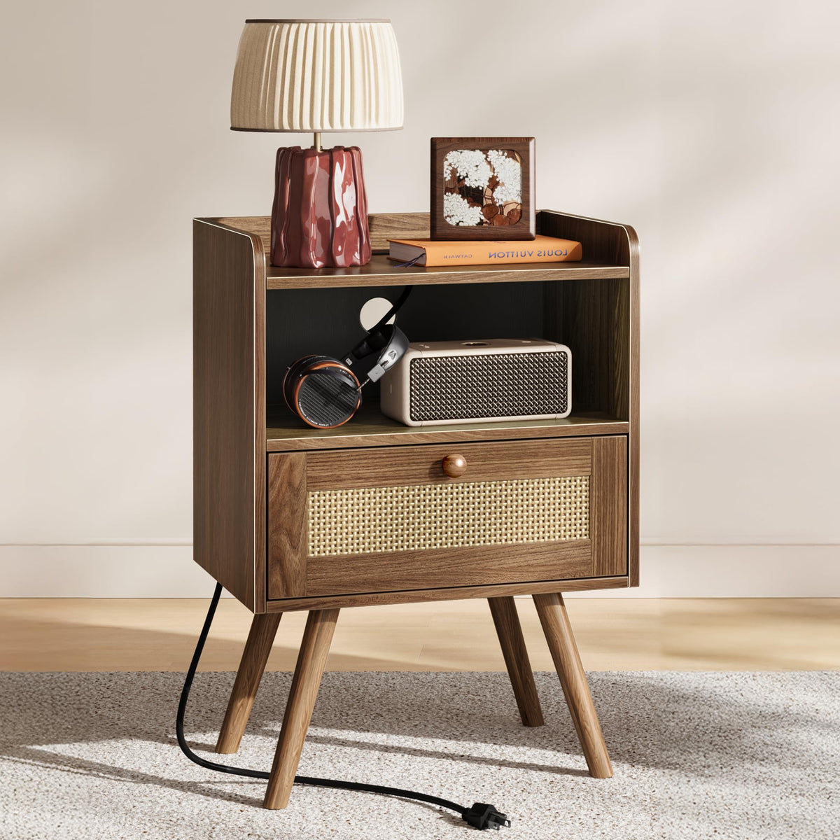 SUPERJARE Rattan-Style Charging Nightstand