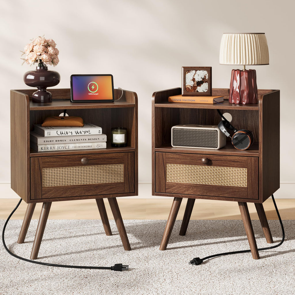 SUPERJARE Rattan-Style Charging Nightstand