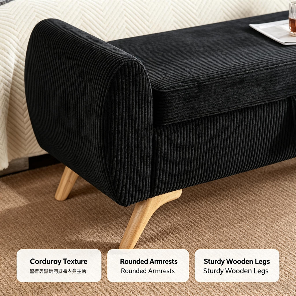 Black Corduroy Storage Bedroom Bench