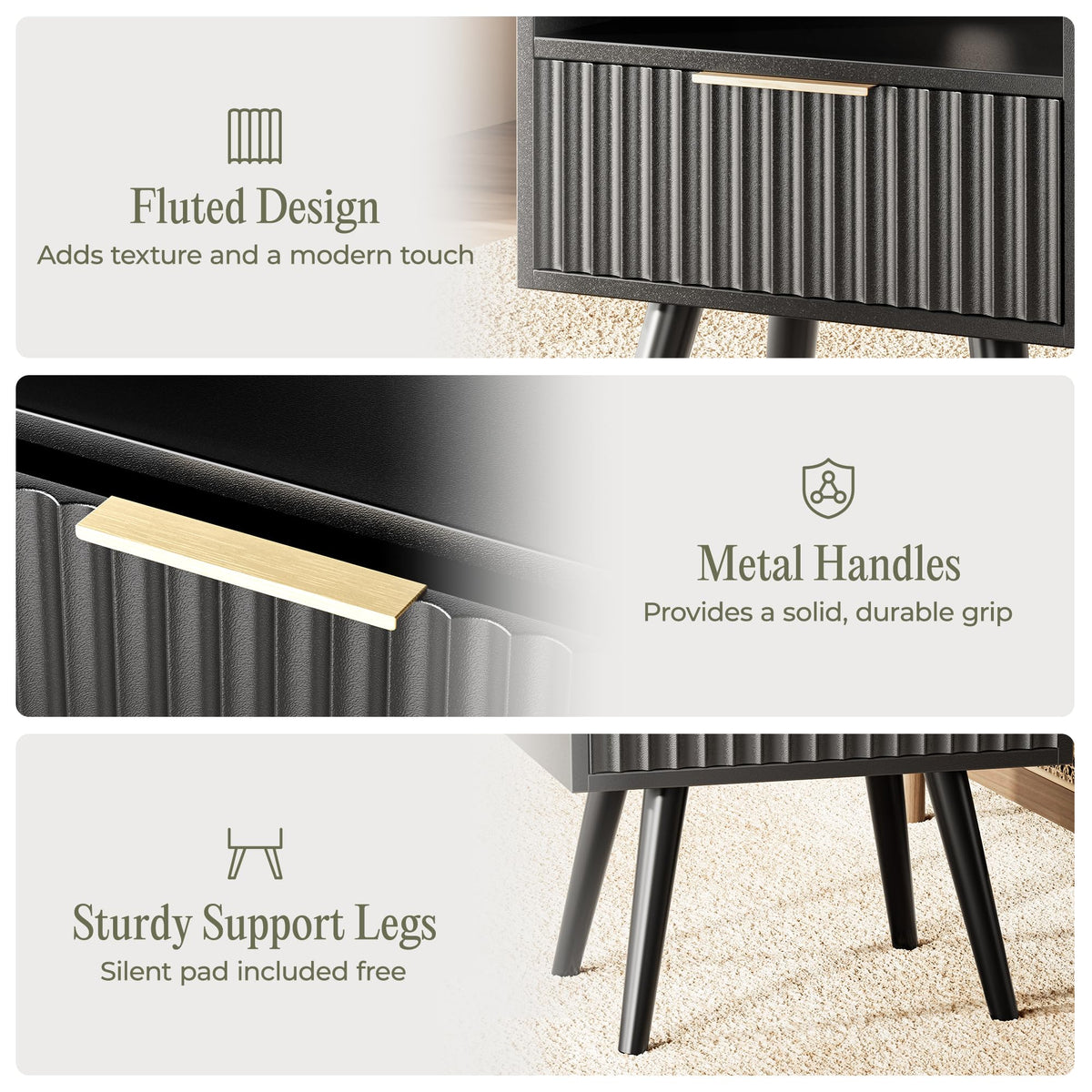 Huuger Fluted Nightstand with Charging Station