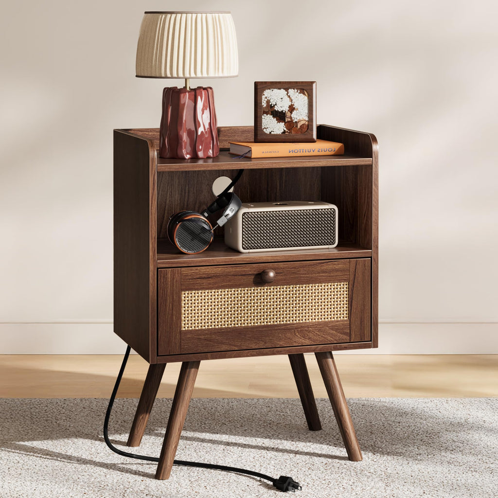 SUPERJARE Rattan-Style Charging Nightstand
