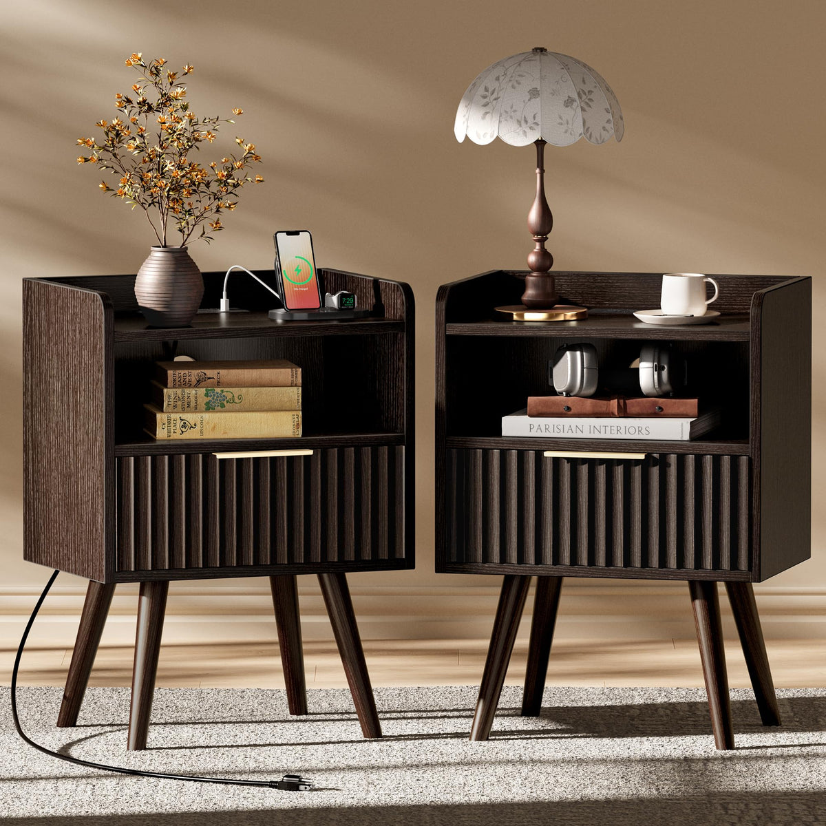 Huuger Fluted Nightstand with Charging Station