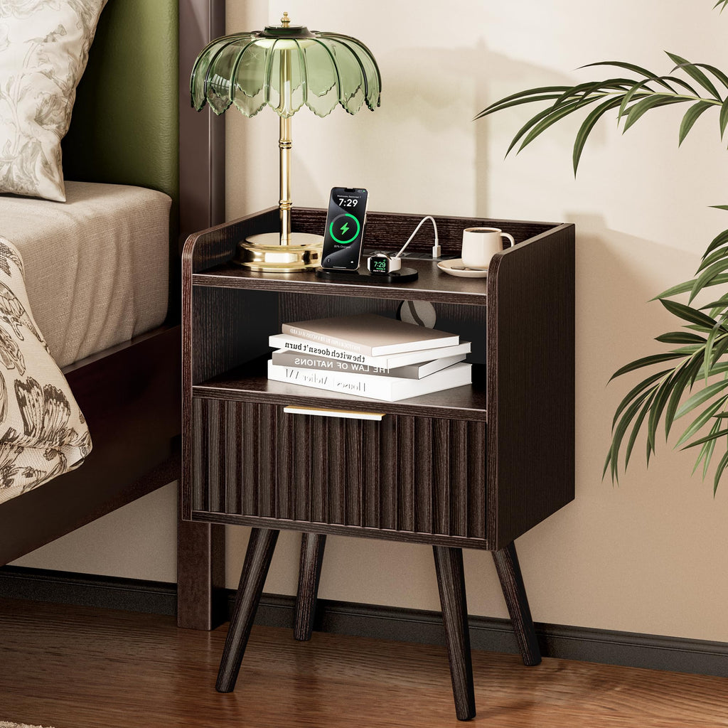 Huuger Fluted Nightstand with Charging Station