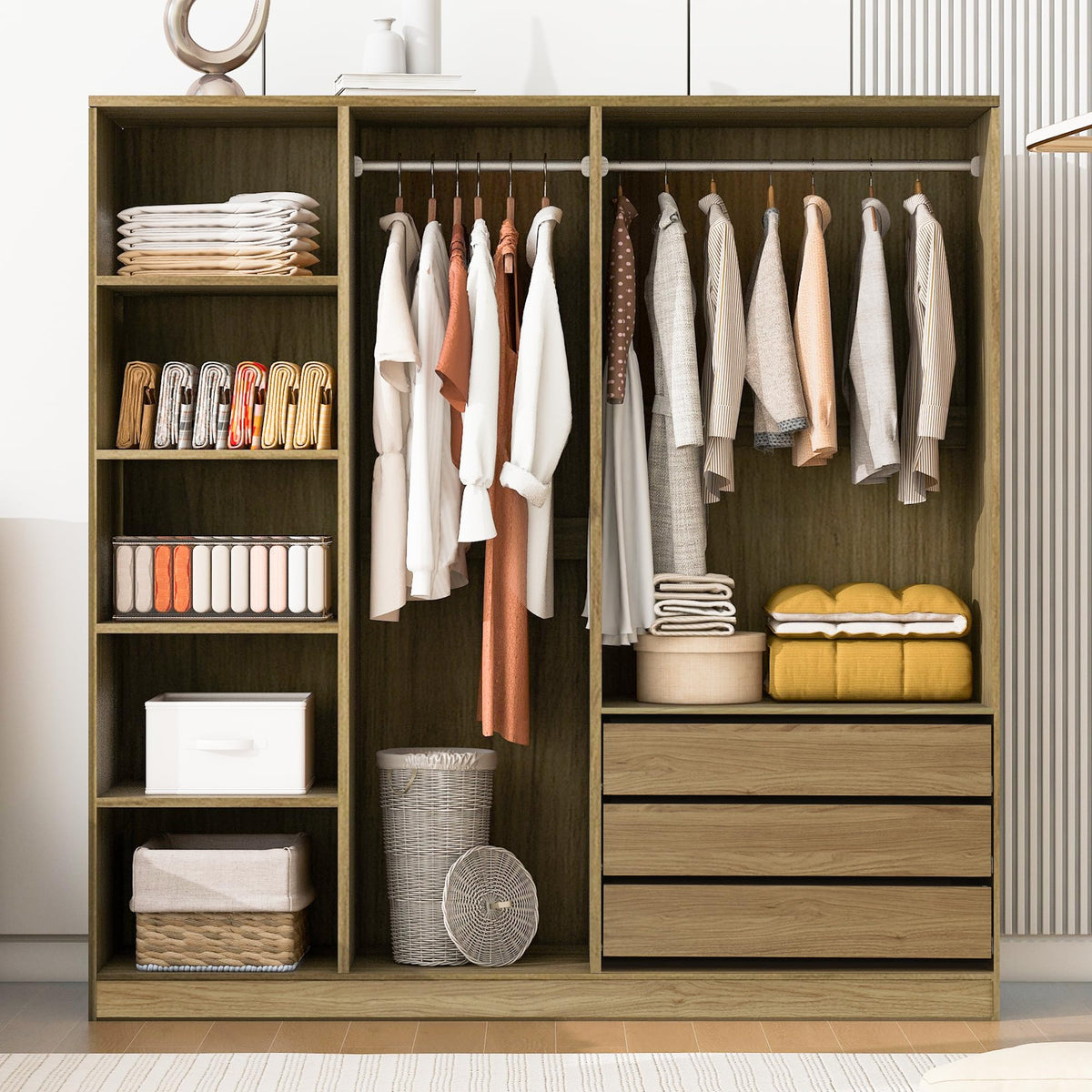 Wooden Open Wardrobe with Three Drawers