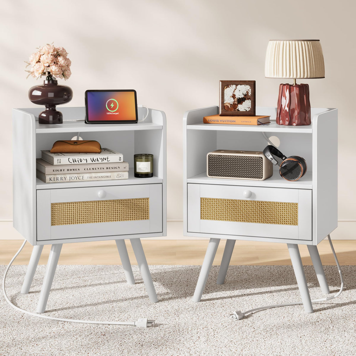 SUPERJARE Rattan-Style Charging Nightstand