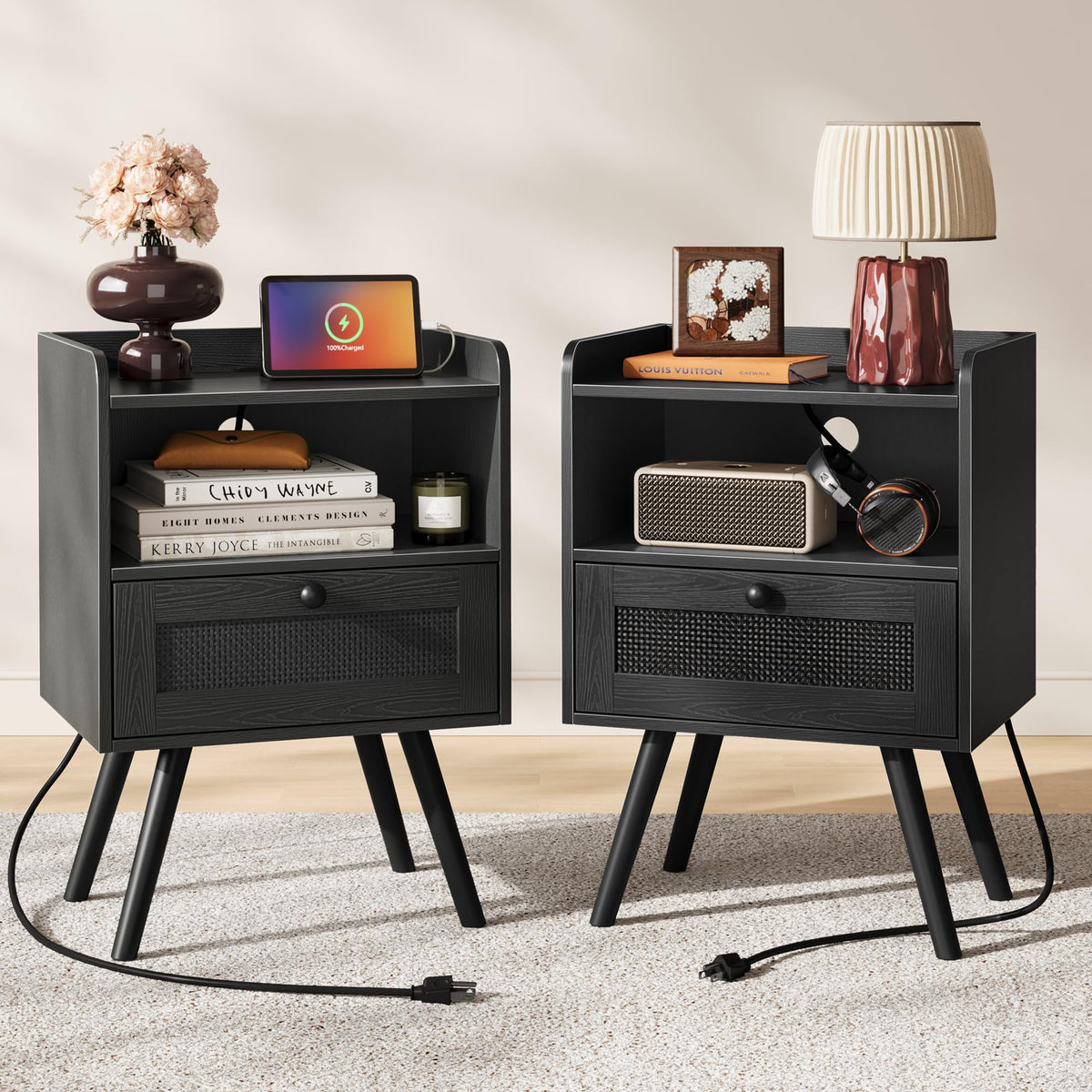 SUPERJARE Rattan-Style Charging Nightstand