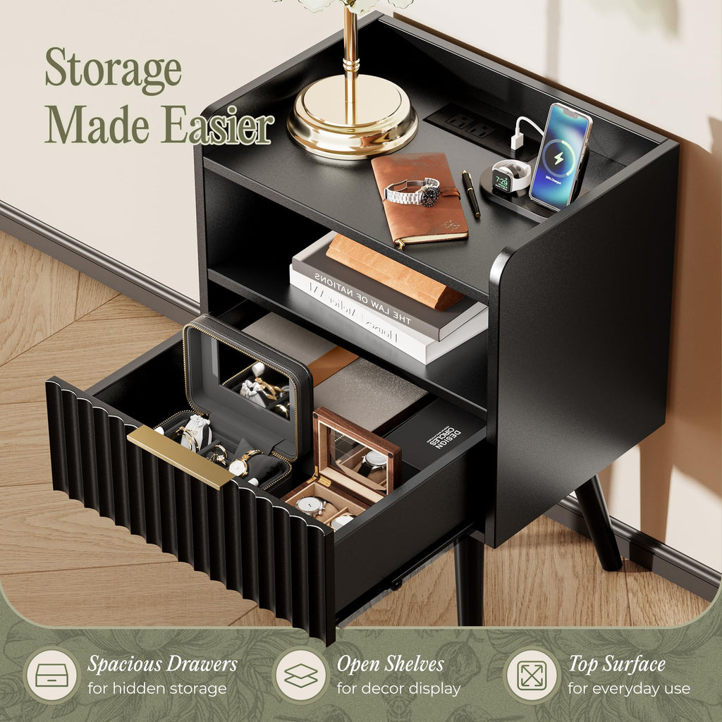 Huuger Fluted Nightstand with Charging Station