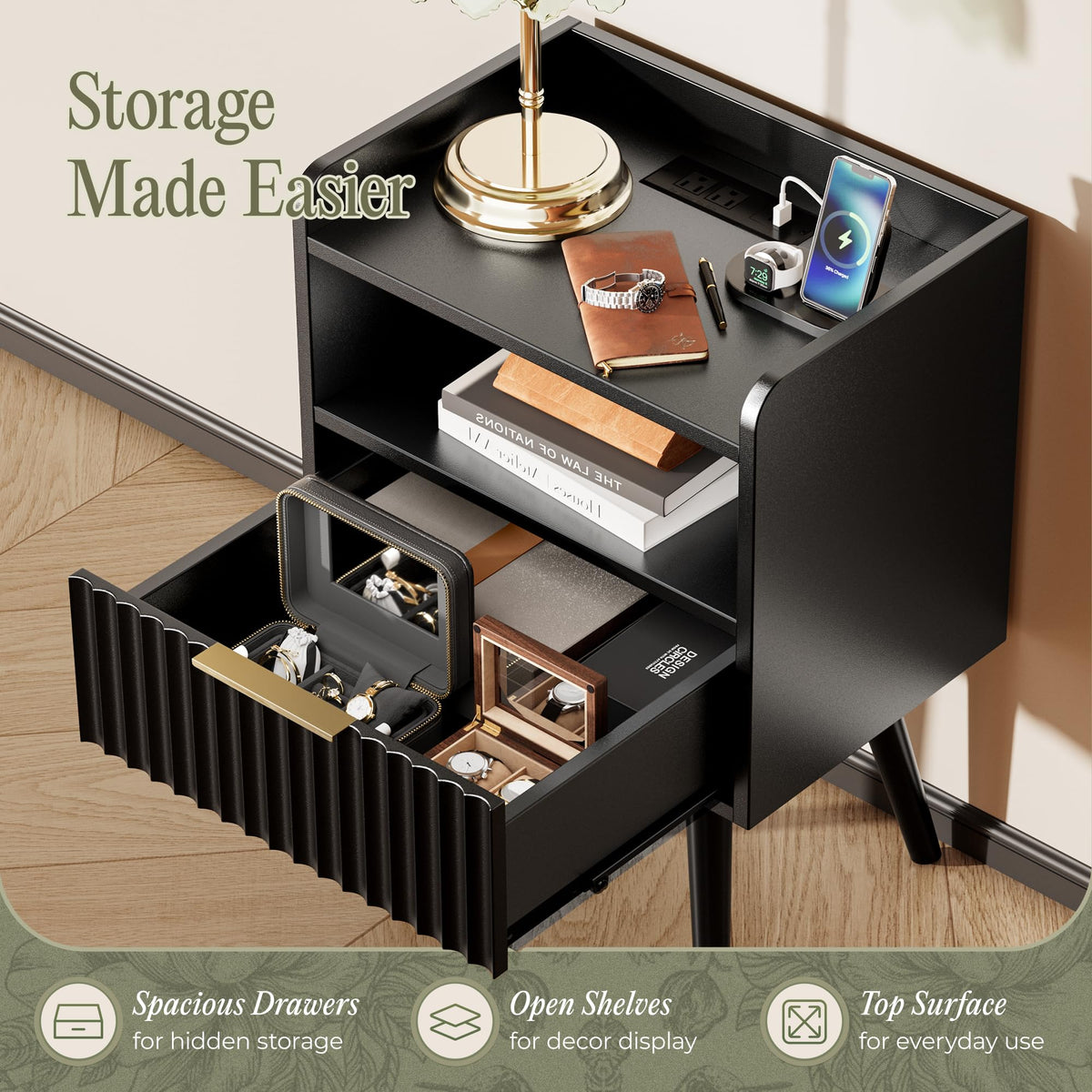 Huuger Fluted Nightstand with Charging Station