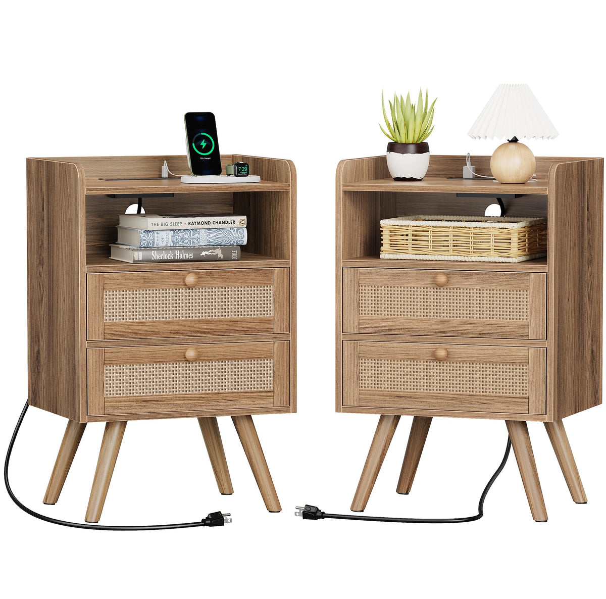 SUPERJARE Rattan-Style Charging Nightstand