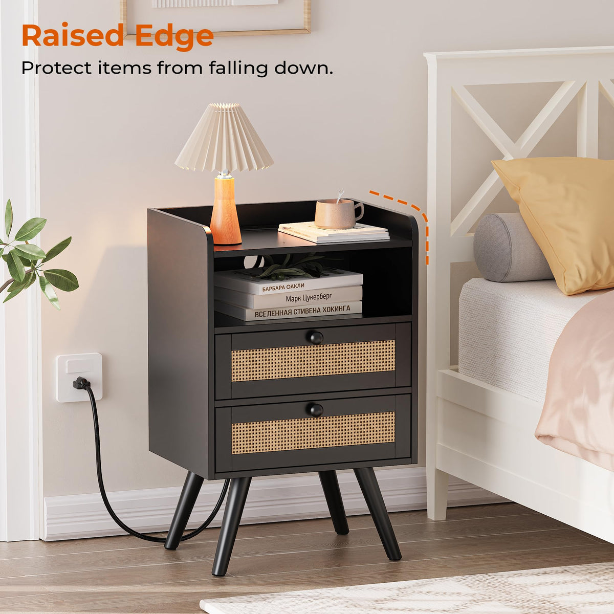 SUPERJARE Rattan-Style Charging Nightstand