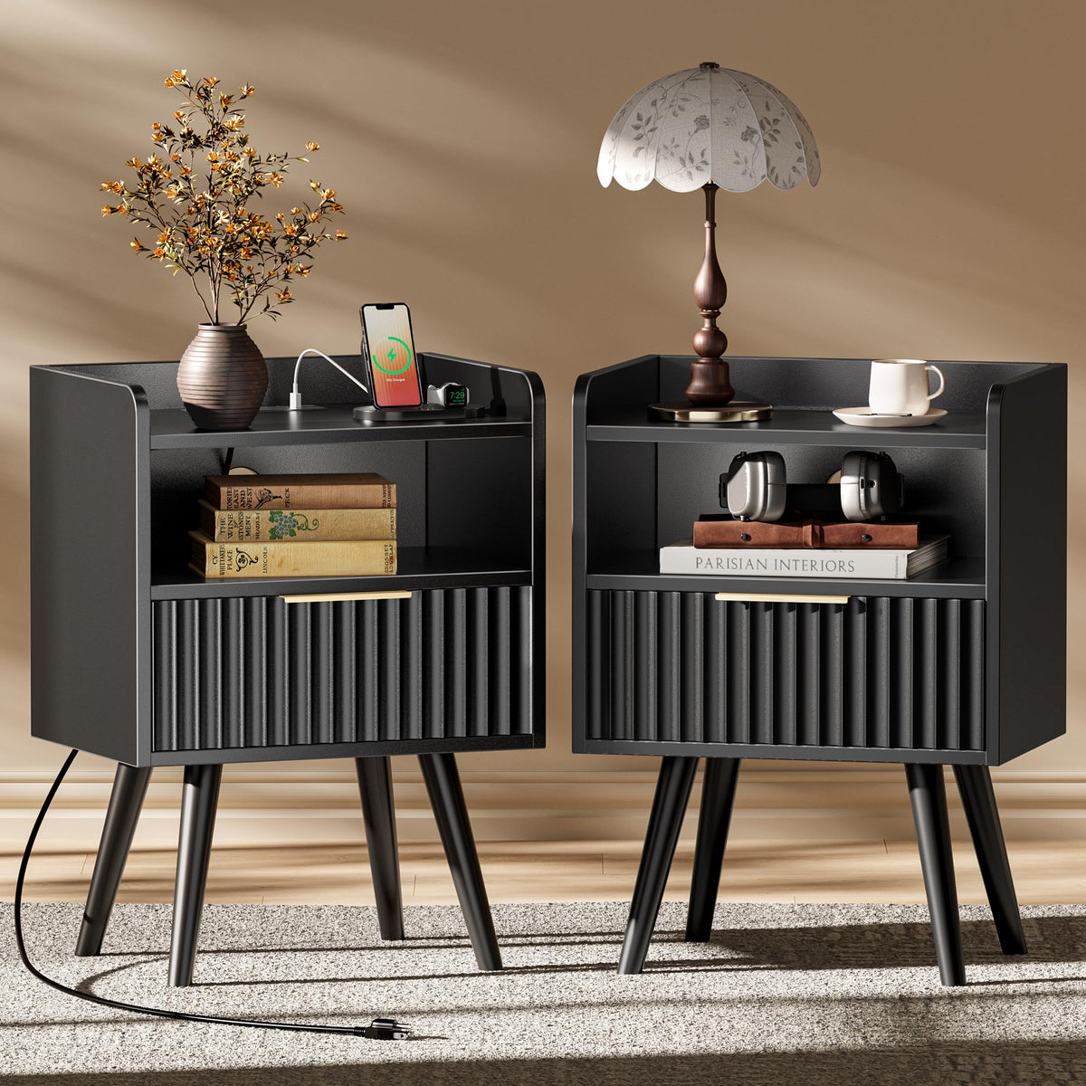 Huuger Fluted Nightstand with Charging Station