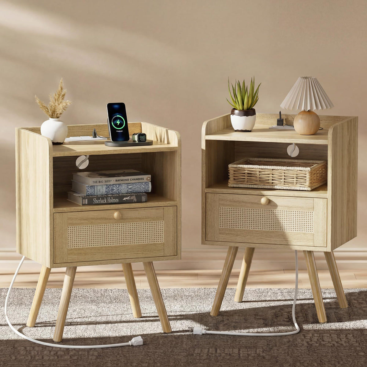 SUPERJARE Rattan-Style Charging Nightstand