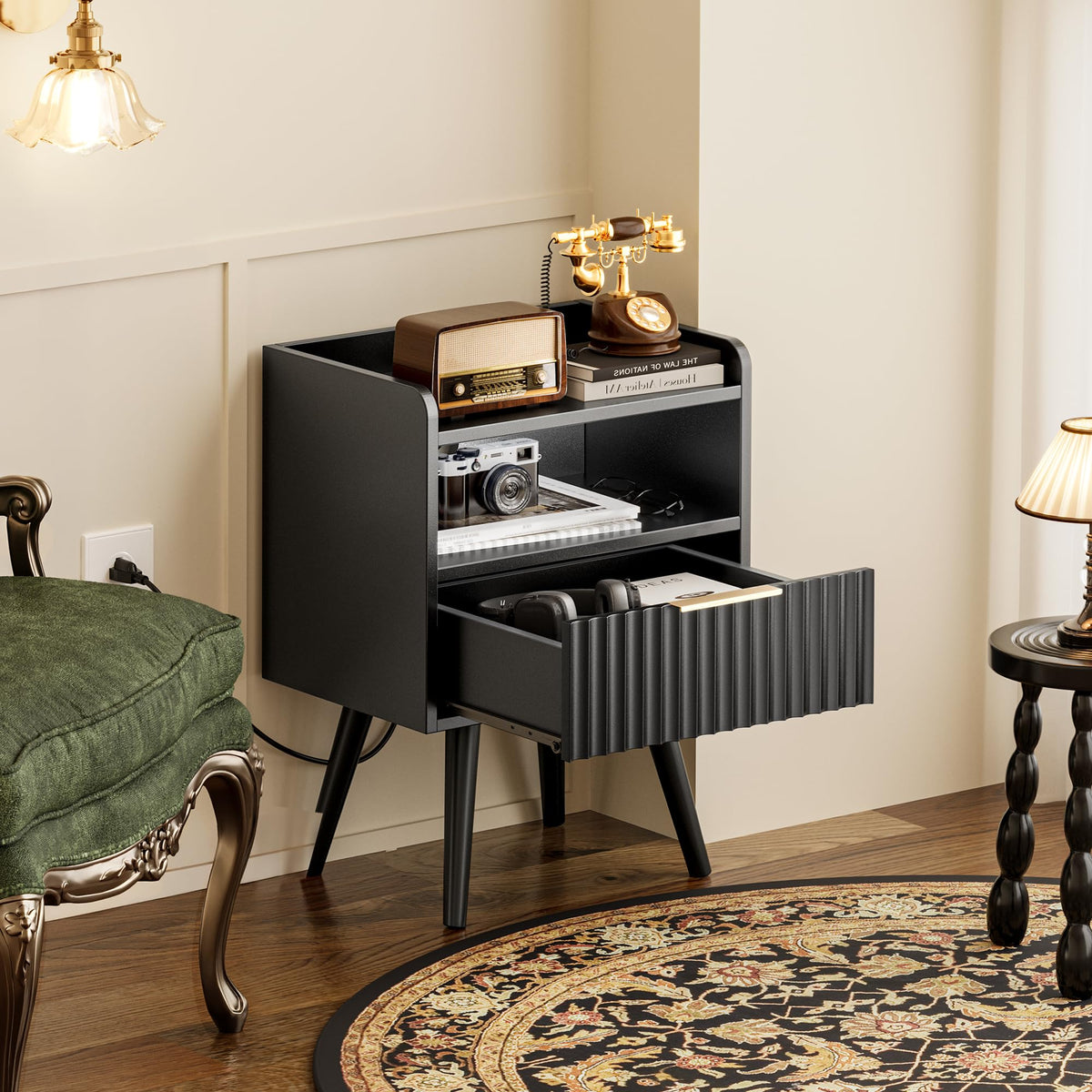 Huuger Fluted Nightstand with Charging Station