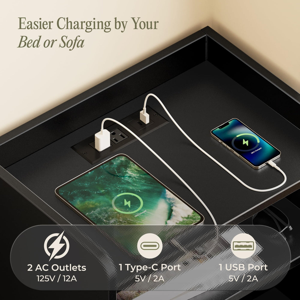 Huuger Fluted Nightstand with Charging Station