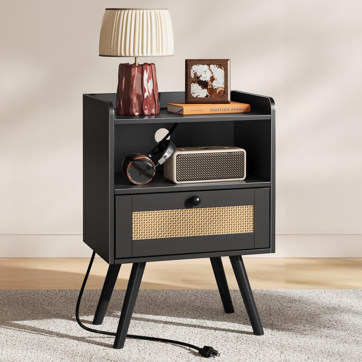 SUPERJARE Rattan-Style Charging Nightstand