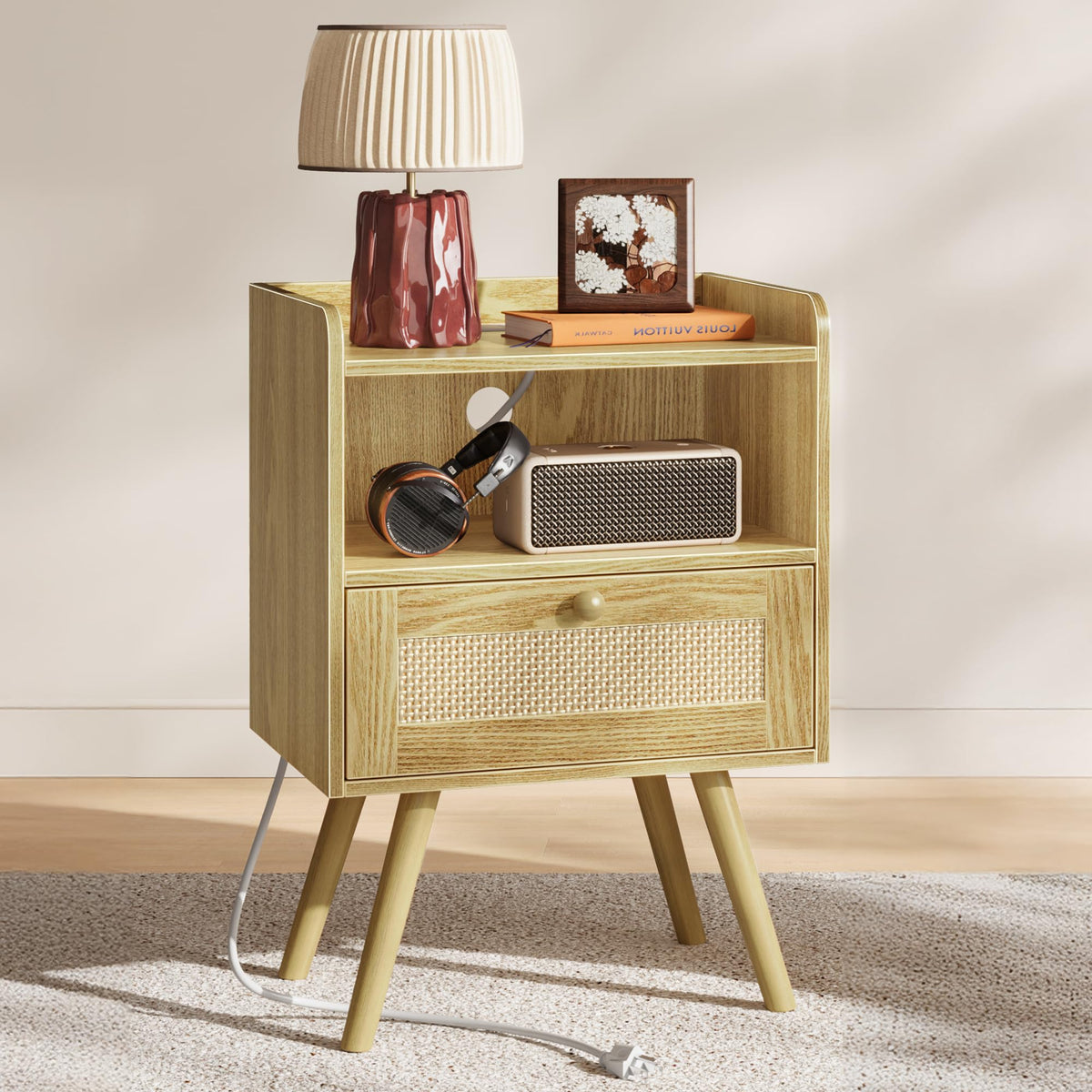 SUPERJARE Rattan-Style Charging Nightstand