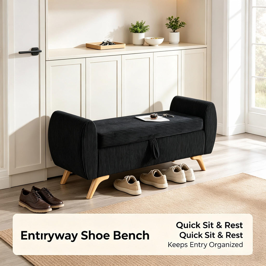 Black Corduroy Storage Bedroom Bench