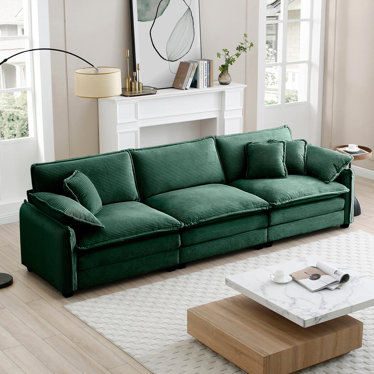 Green Corduroy 3-Seater Sectional Sofa