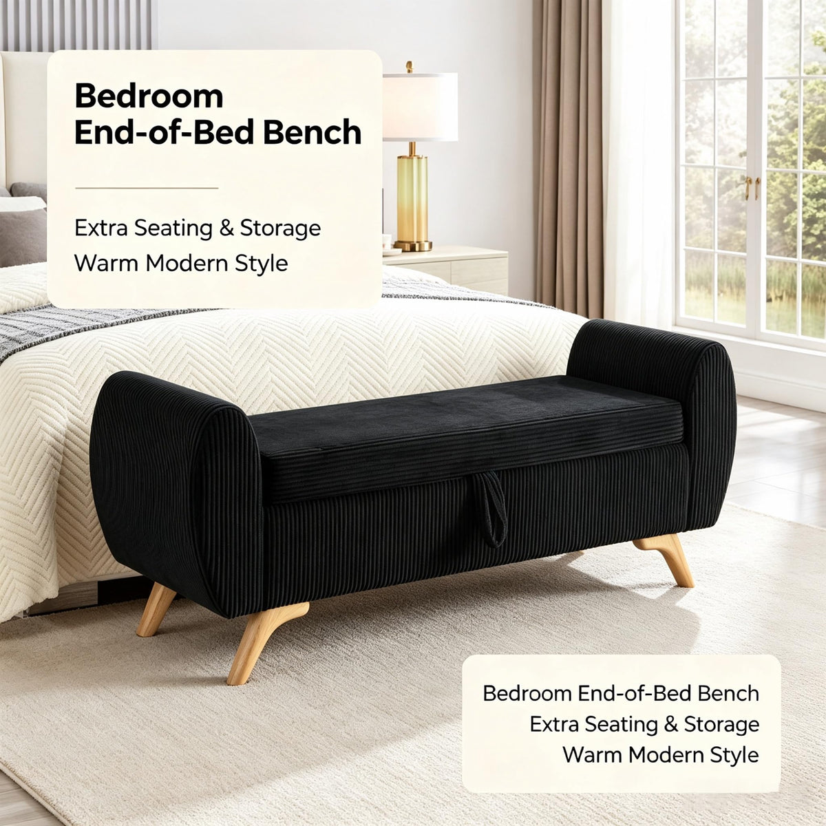 Black Corduroy Storage Bedroom Bench