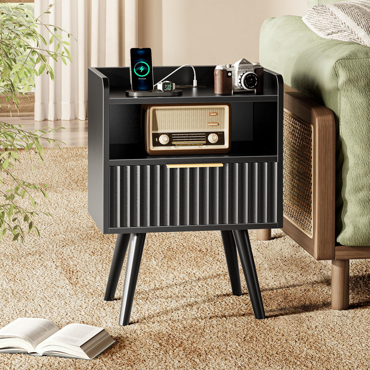 Huuger Fluted Nightstand with Charging Station