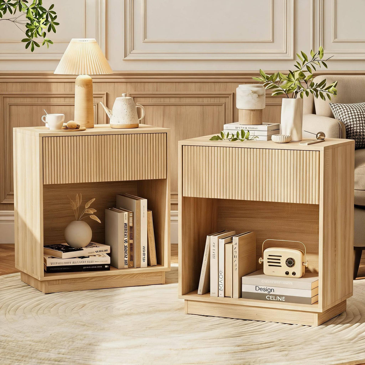 Fluted Two-Drawer Nightstand Set