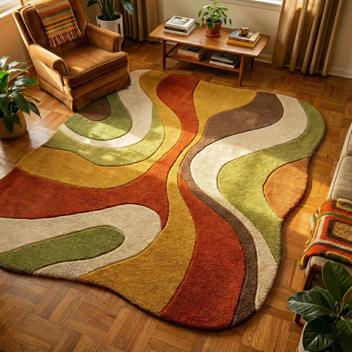 Retro 1970s Wave Wool Area Rug